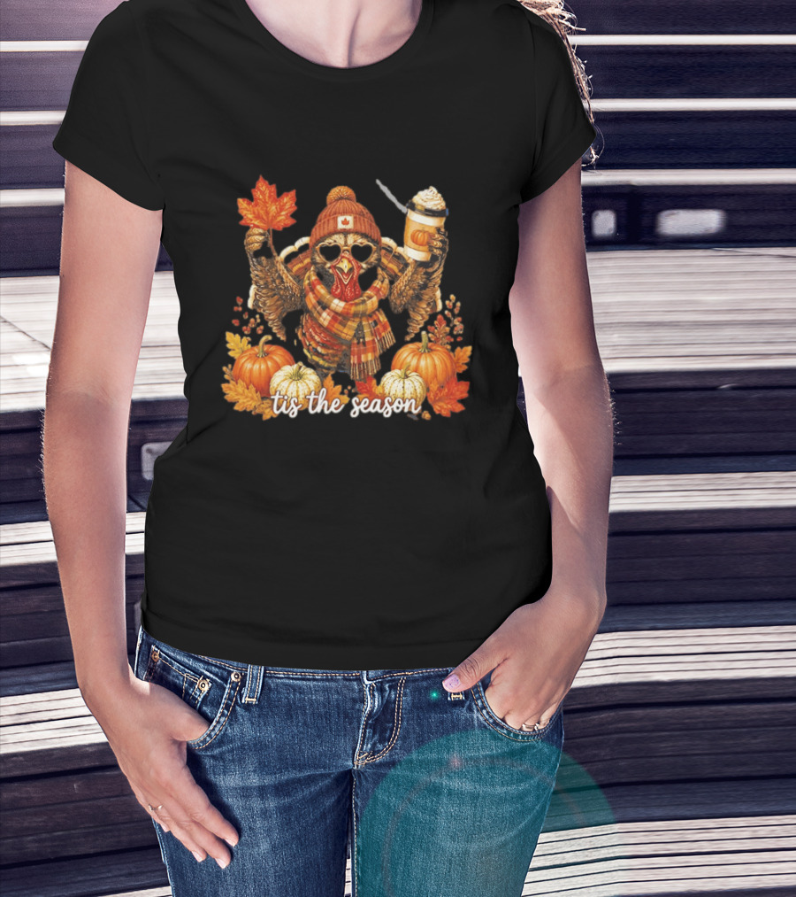 Tis The Season Turkey Beanie Sunglasses Maple Leaf Coffee Pumpkins Autumn Celebration T-Shirt