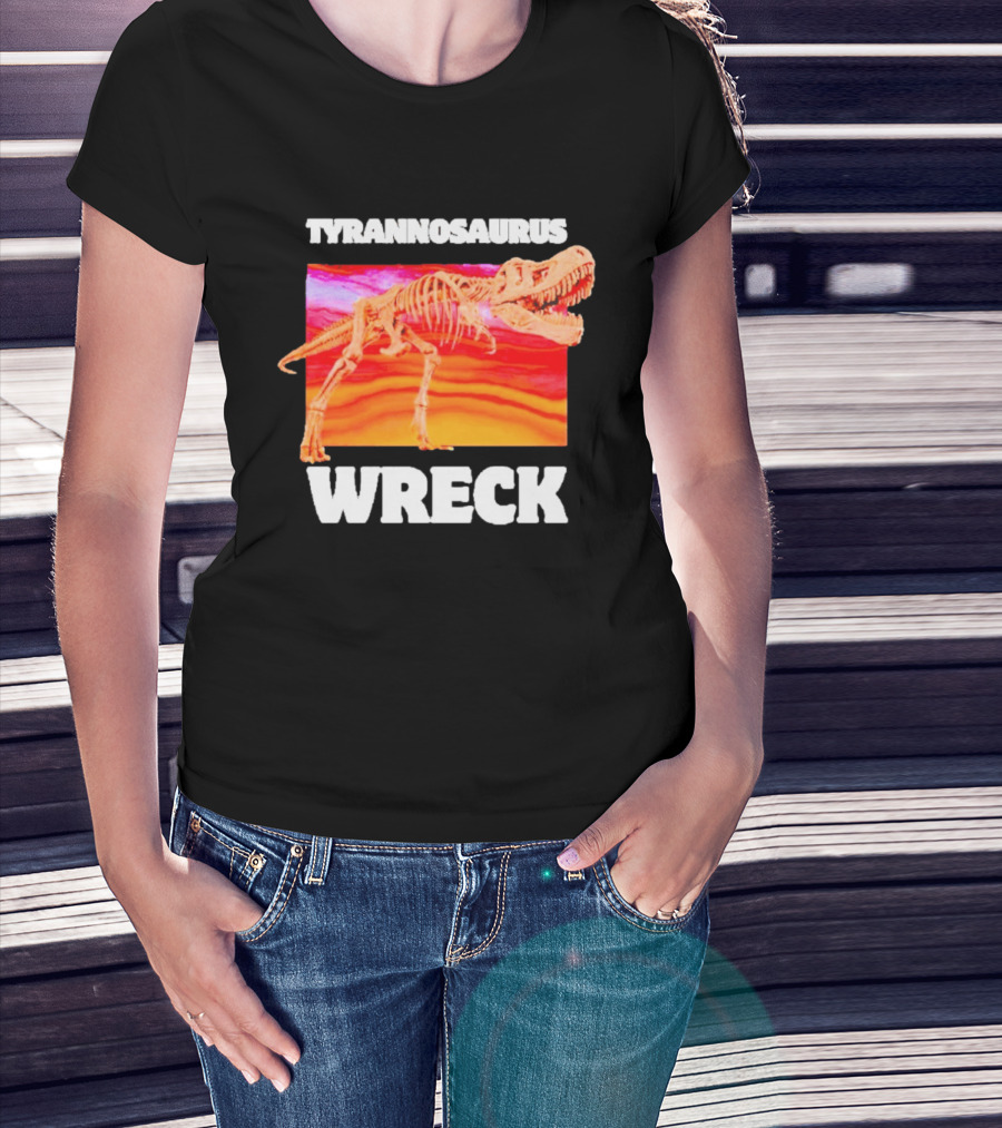 Tyrannosaurus Wreck Dinosaur Pun With Rex Skeleton On Sunset T-Shirt