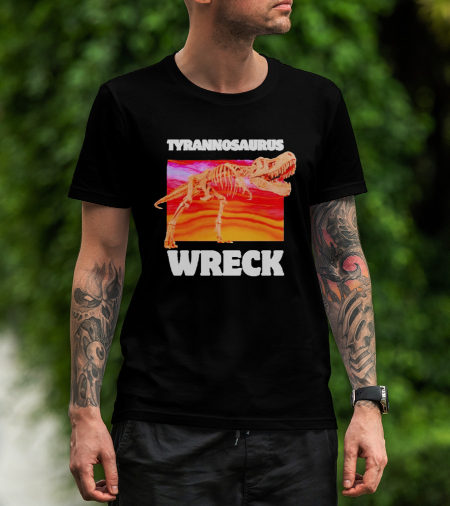 Tyrannosaurus Wreck Dinosaur Pun With Rex Skeleton On Sunset T-Shirt