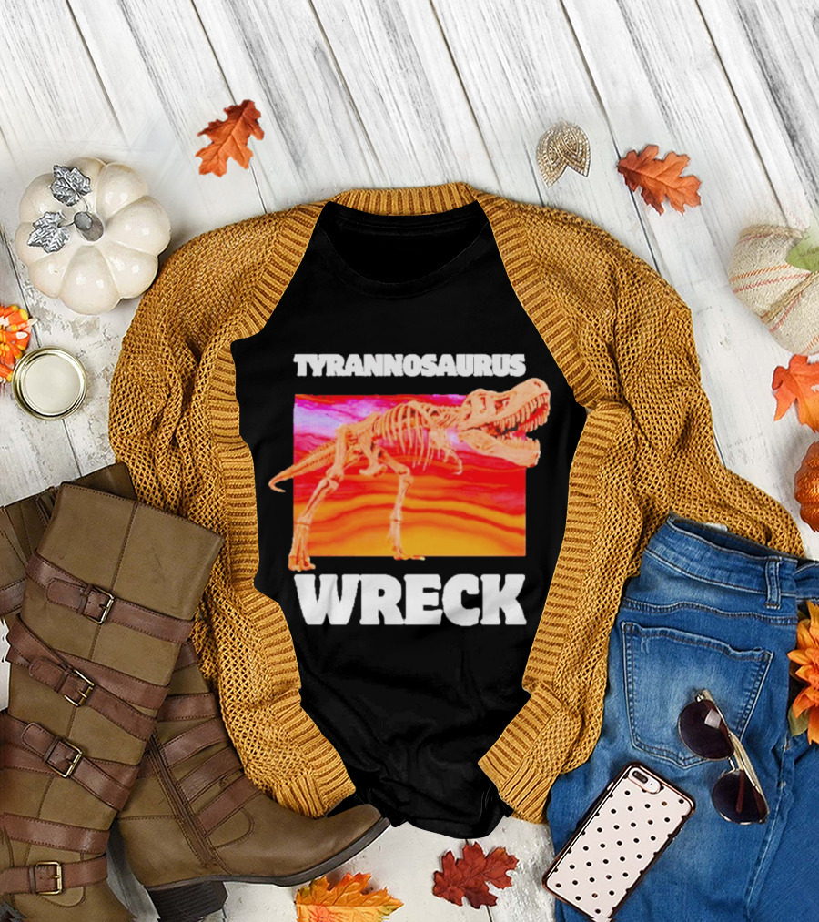 Tyrannosaurus Wreck Dinosaur Pun With Rex Skeleton On Sunset T-Shirt