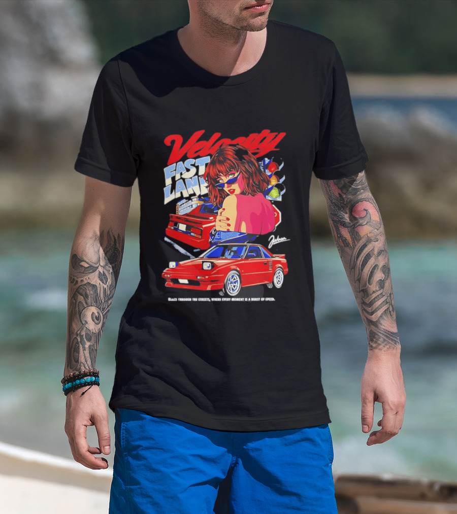 Velocity Fast Lane Blaze Through The Streets Classic Red Cars Retro Vibe T-Shirt