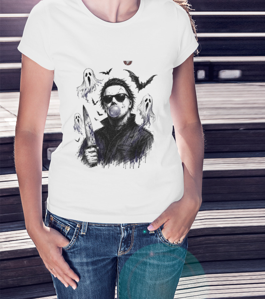 Michael Myers Bubble Gum Slasher Spooky Season Movie Ghosts And Bats T-Shirt