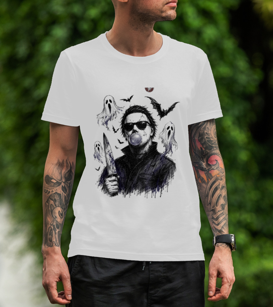 Michael Myers Bubble Gum Slasher Spooky Season Movie Ghosts And Bats T-Shirt