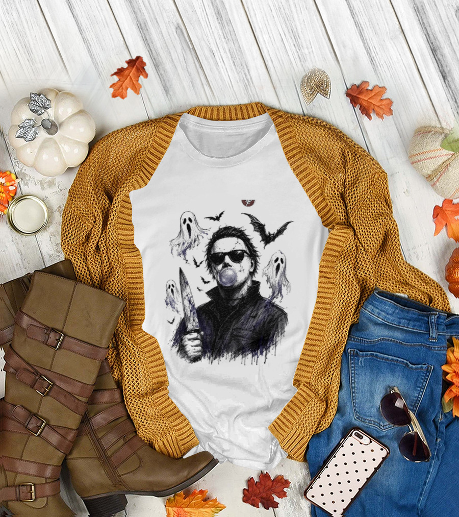 Michael Myers Bubble Gum Slasher Spooky Season Movie Ghosts And Bats T-Shirt
