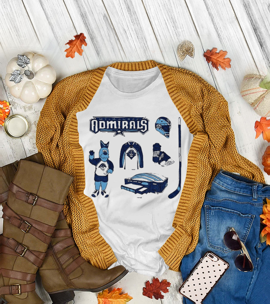 Milwaukee Admirals Hockey Mascot Jersey Helmet Skates Stick Goalie Equipment T-Shirt