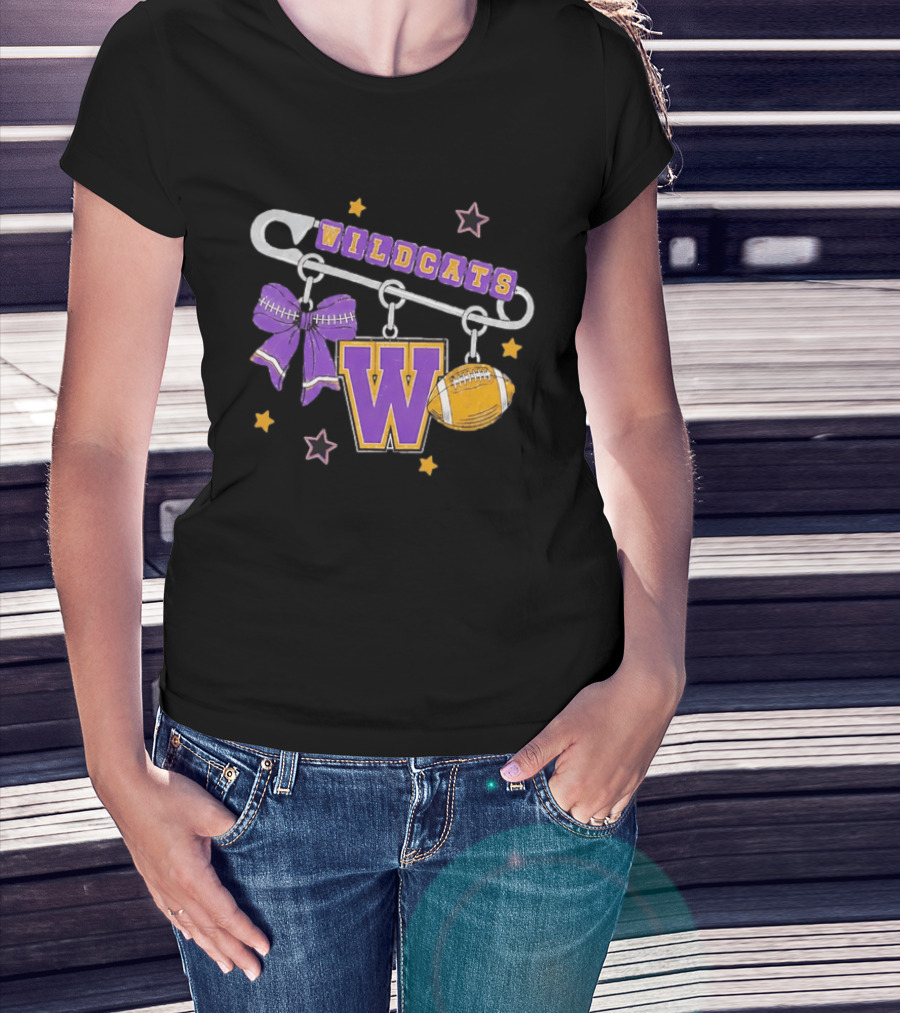 Wildcats Safety Pin Bow W Football Charm Distressed T-Shirt