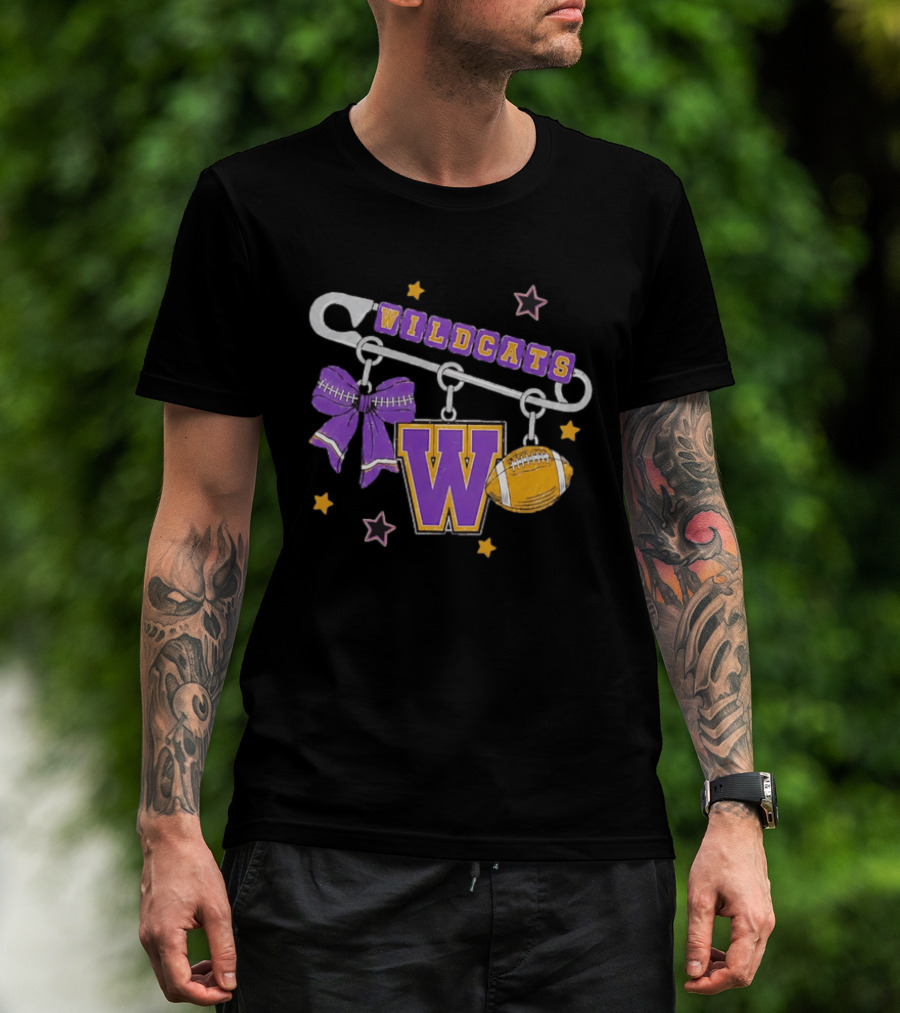 Wildcats Safety Pin Bow W Football Charm Distressed T-Shirt
