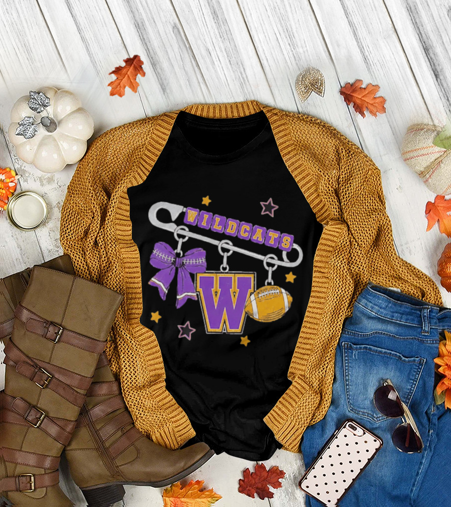 Wildcats Safety Pin Bow W Football Charm Distressed T-Shirt