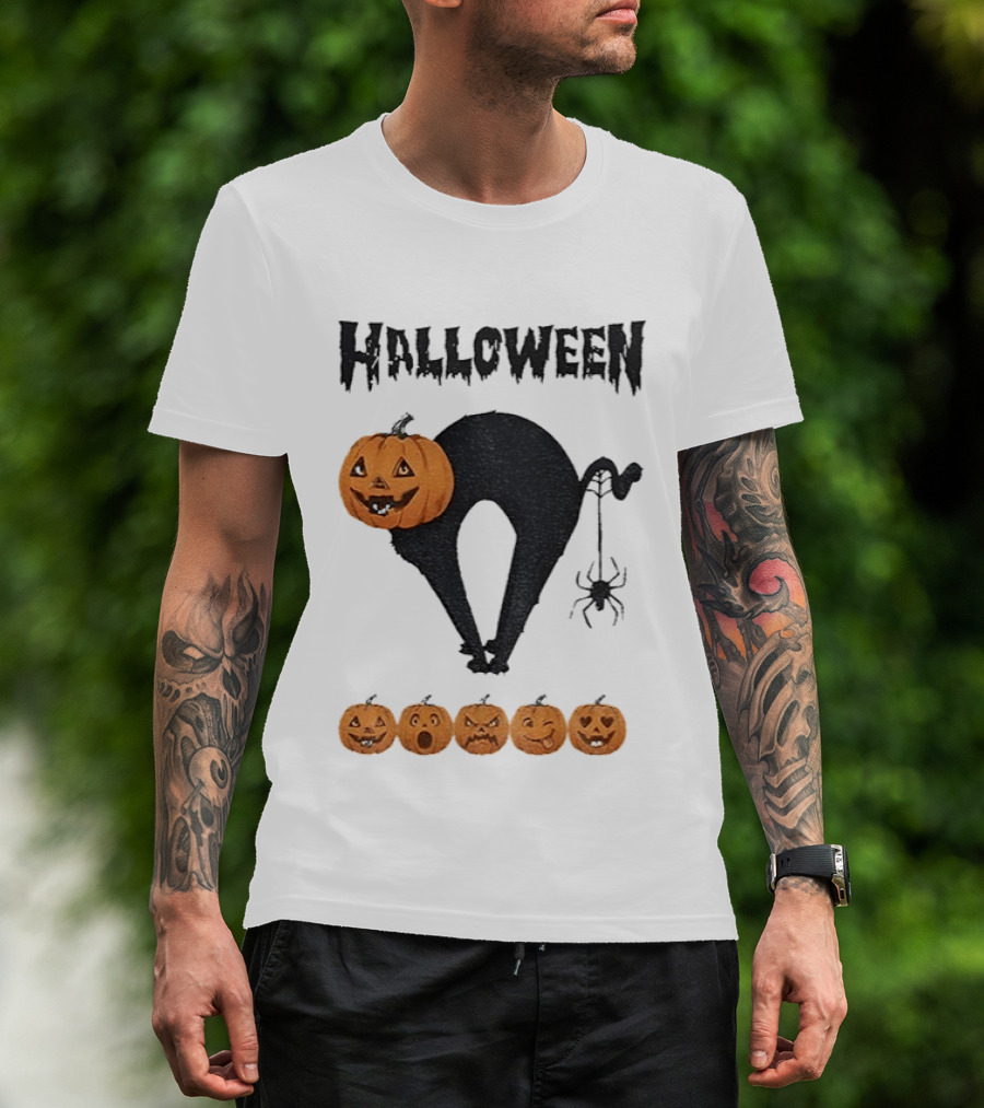 Halloween Pumpkin Cat Black Spider Five Jack O' Lanterns T-Shirt