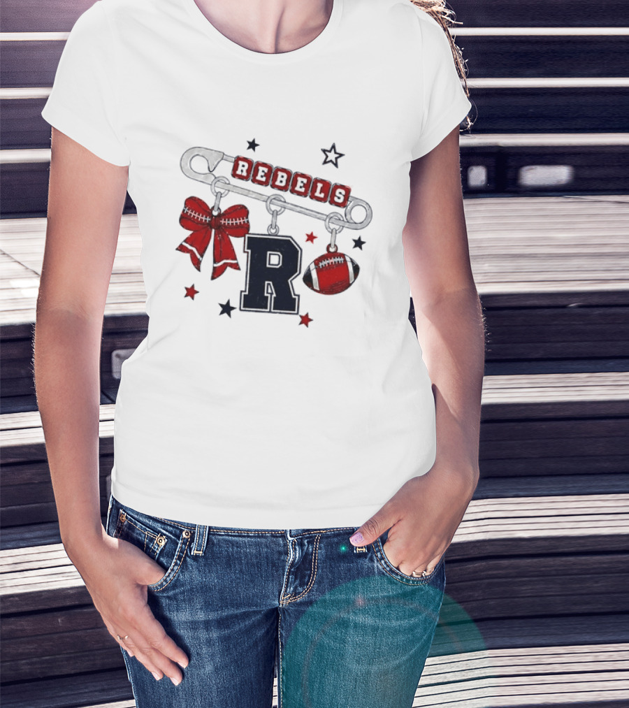 Rebels R Charm Safety Pin Red Bow Football Stars T-Shirt