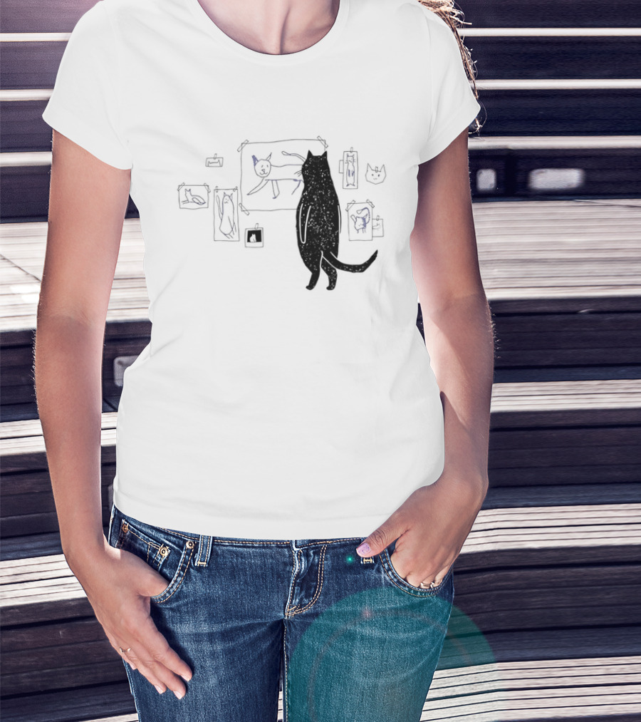Black Cat Standing Looking At Sketches Line Drawing Wall Gallery T-Shirt