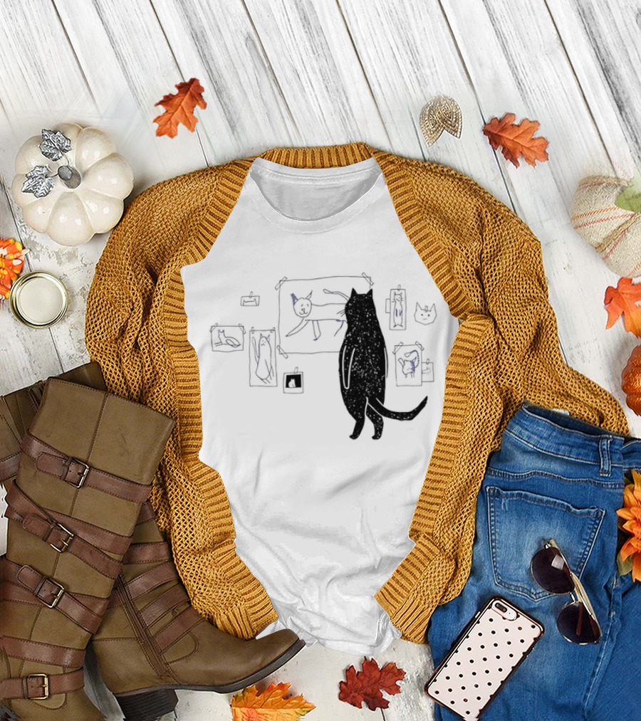 Black Cat Standing Looking At Sketches Line Drawing Wall Gallery T-Shirt
