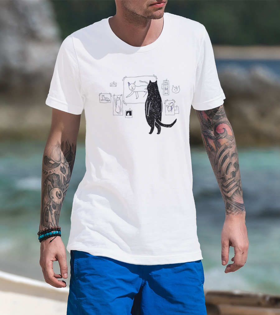 Black Cat Standing Looking At Sketches Line Drawing Wall Gallery T-Shirt
