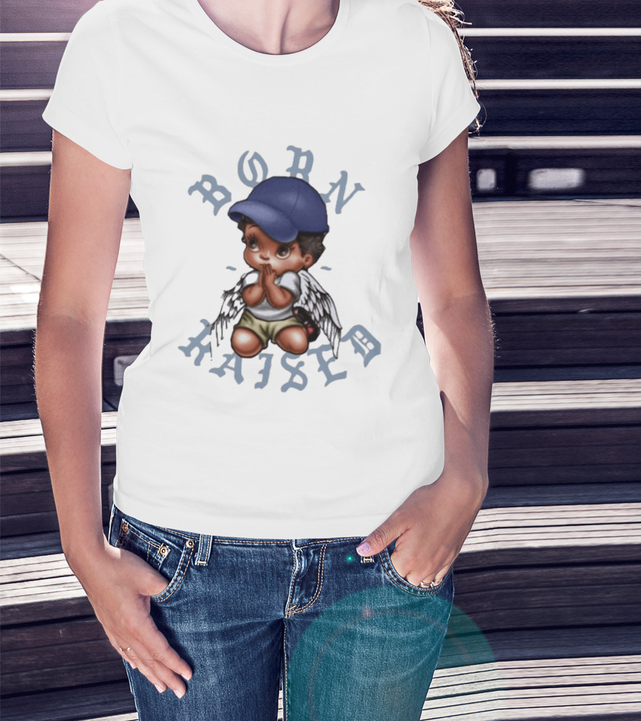 Born X Raised El Angel Cherub Praying With Wings And Cap T-Shirt
