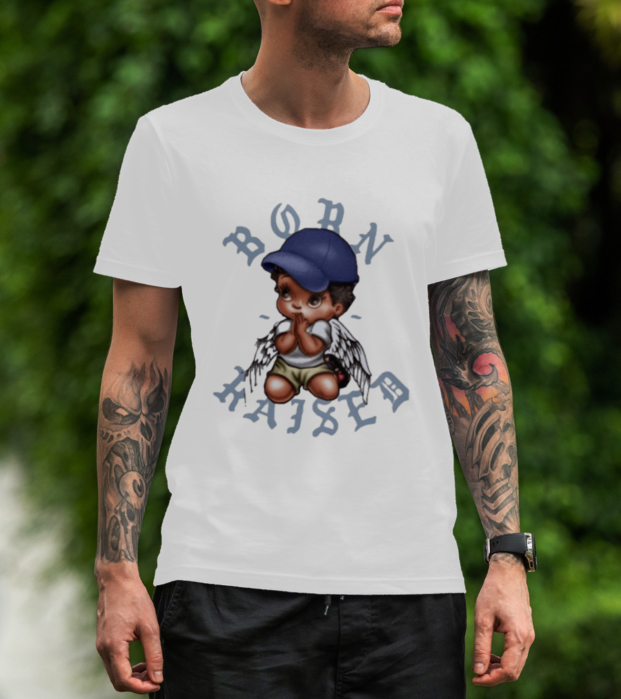 Born X Raised El Angel Cherub Praying With Wings And Cap T-Shirt