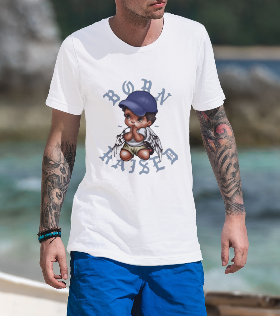 Born X Raised El Angel Cherub Praying With Wings And Cap T-Shirt