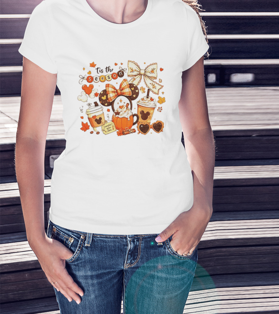 Tis The Season Disney Pumpkin Spice Autumn Coffee Ears And Bows T-Shirt