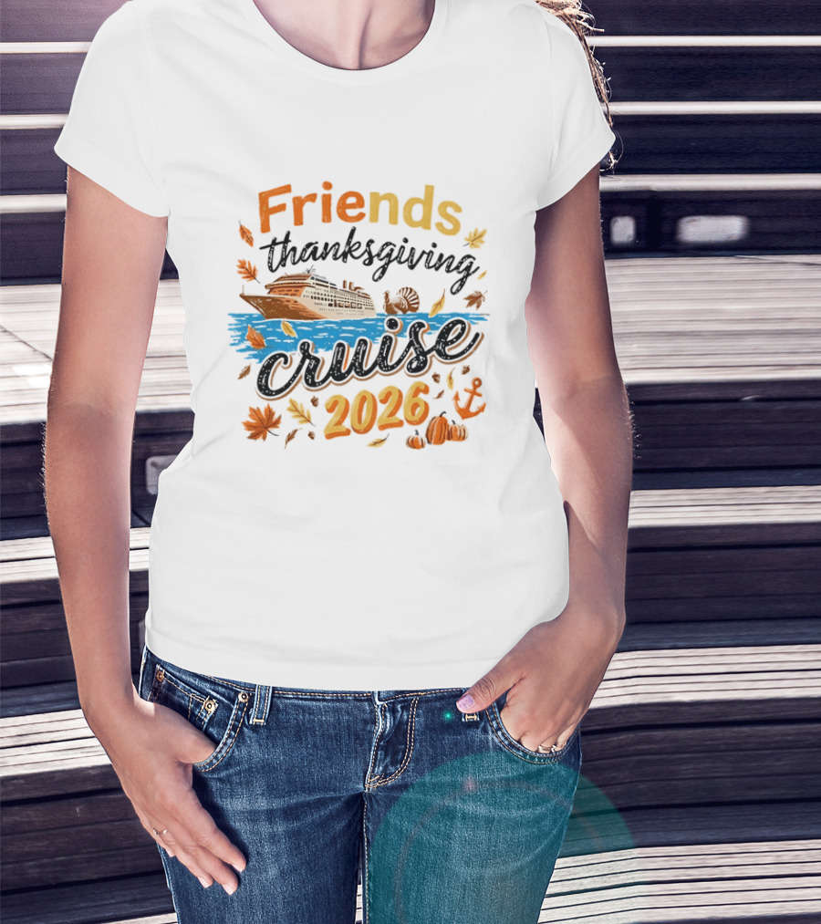 Friends Thanksgiving Cruise 2026 Ocean Liner Turkey Pumpkins Fall Leaves Anchor T-Shirt