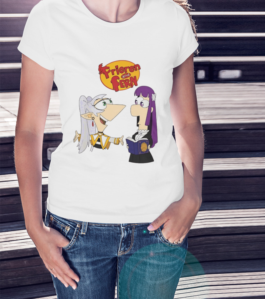 Frieren And Fern Animated Characters With Book And Unique Cartoon T-Shirt