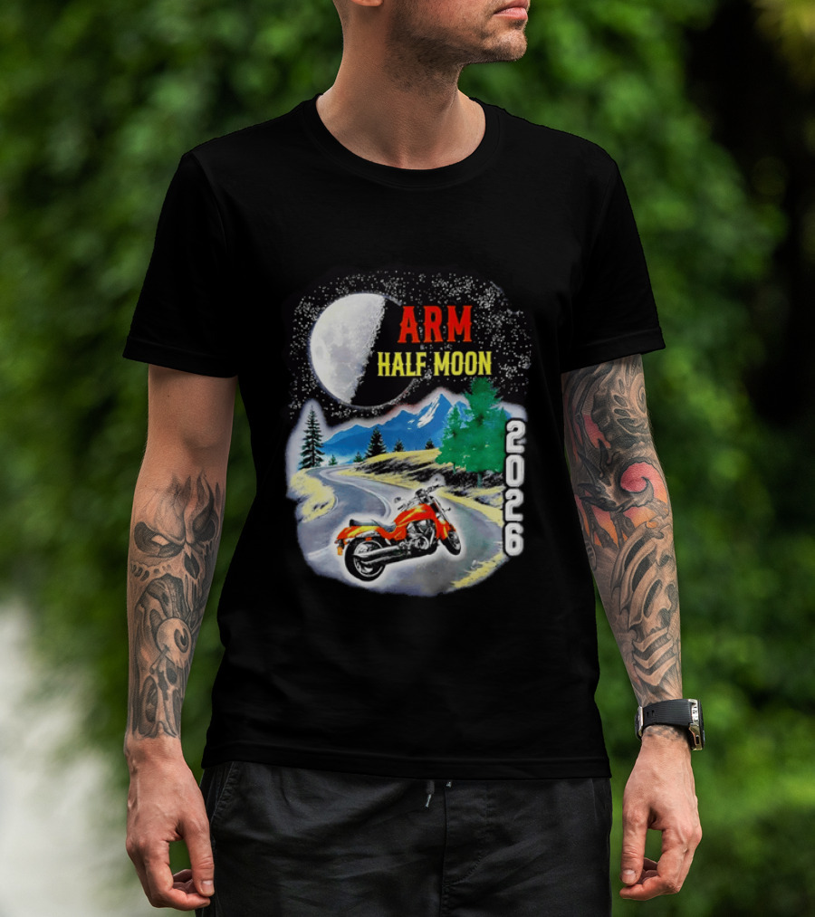 Arm Half Moon 2026 Orange Motorcycle Winding Mountain Road Night Sky T-Shirt