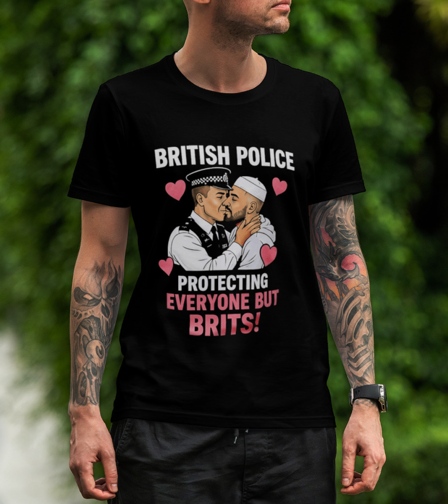 British Police Protecting Everyone But Brits Kissing Illustration With Hearts T-Shirt