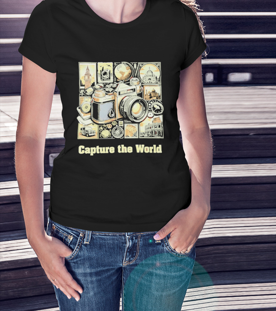 Capture The World Camera Globe Travel Landmarks Compass T-Shirt