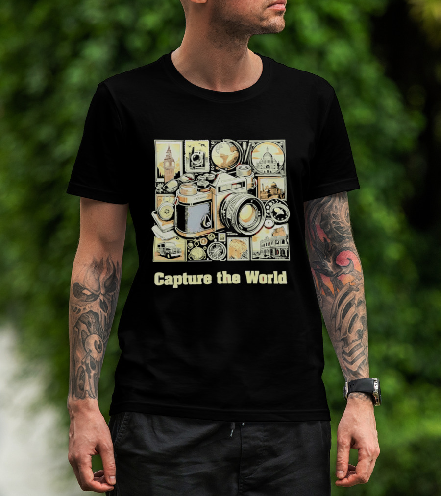 Capture The World Camera Globe Travel Landmarks Compass T-Shirt