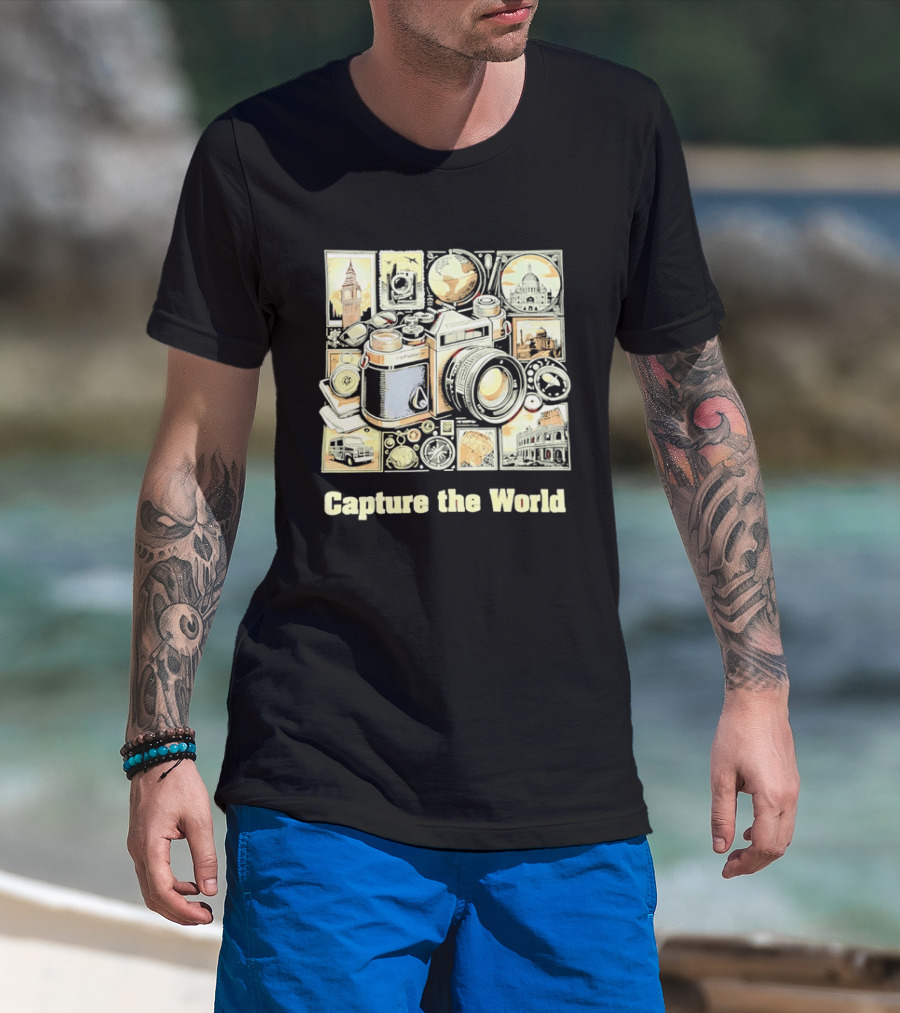 Capture The World Camera Globe Travel Landmarks Compass T-Shirt