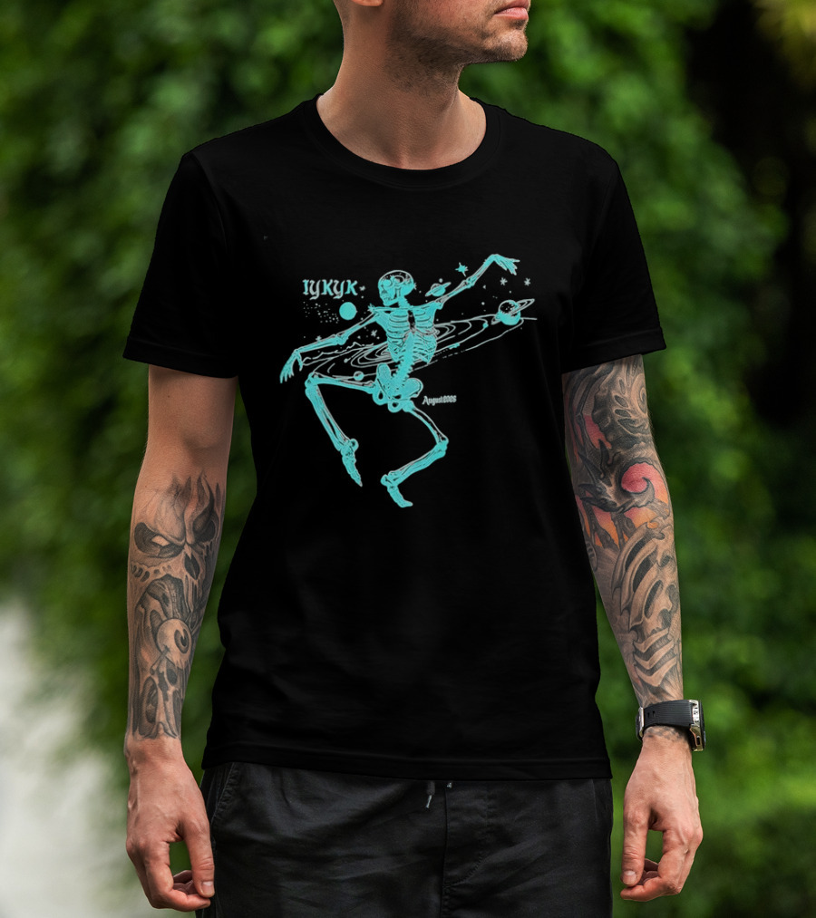 Iykyk August 2026 Cyan Dancing Skeleton With Space Orbit Sketch T-Shirt