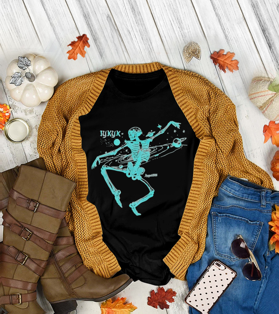 Iykyk August 2026 Cyan Dancing Skeleton With Space Orbit Sketch T-Shirt
