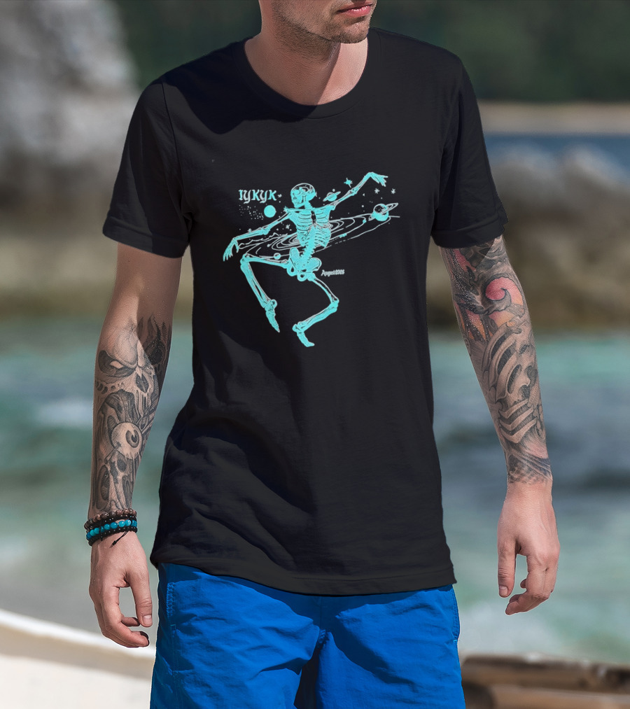 Iykyk August 2026 Cyan Dancing Skeleton With Space Orbit Sketch T-Shirt