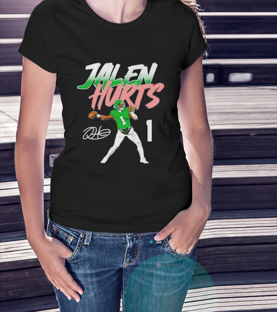 Jalen Hurts Quarterback Throwing Football Jersey Number 1 Signature Green T-Shirt