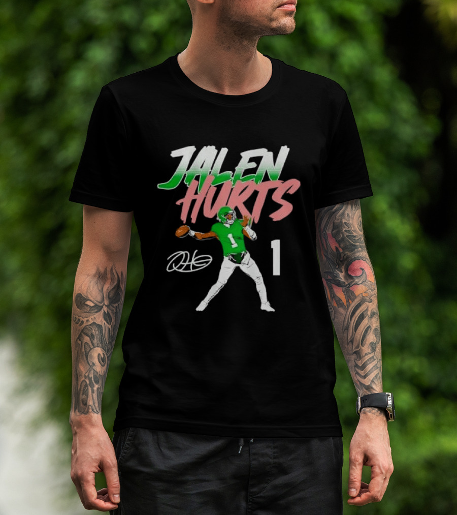 Jalen Hurts Quarterback Throwing Football Jersey Number 1 Signature Green T-Shirt