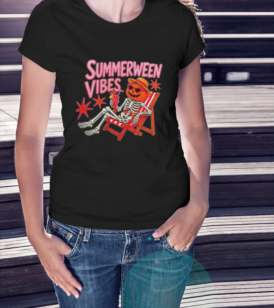 Summerween Vibes Skeleton Pumpkin Sunglasses Lounge Chair Drink T-Shirt
