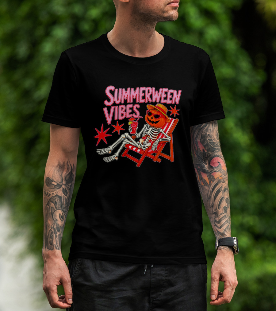 Summerween Vibes Skeleton Pumpkin Sunglasses Lounge Chair Drink T-Shirt