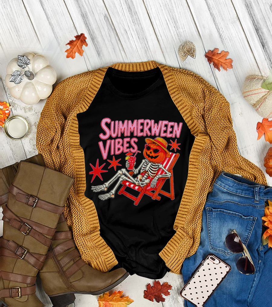 Summerween Vibes Skeleton Pumpkin Sunglasses Lounge Chair Drink T-Shirt