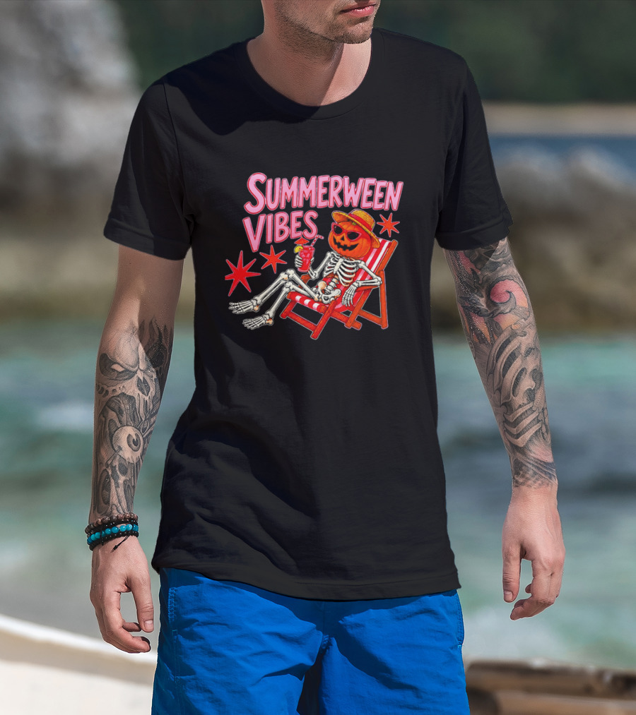 Summerween Vibes Skeleton Pumpkin Sunglasses Lounge Chair Drink T-Shirt