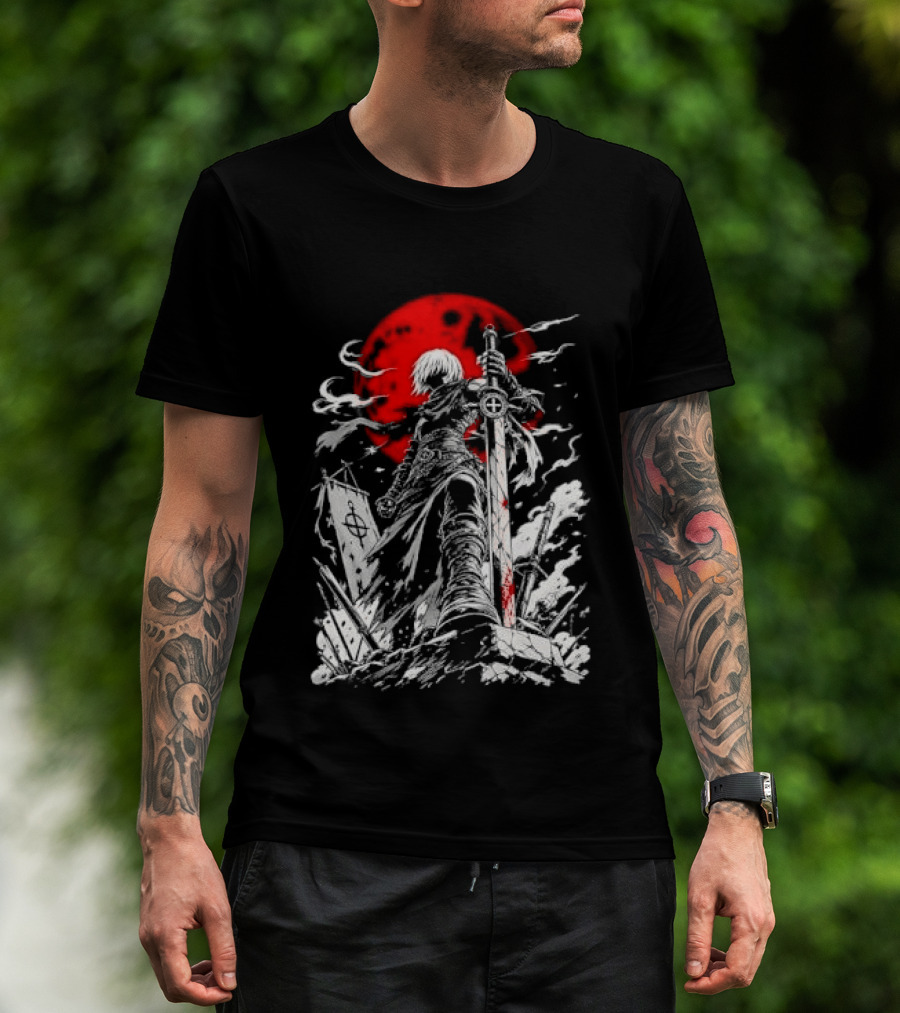 Dark Fantasy Warrior Bloody Sword Red Moon Battlefield Epic Scene T-Shirt