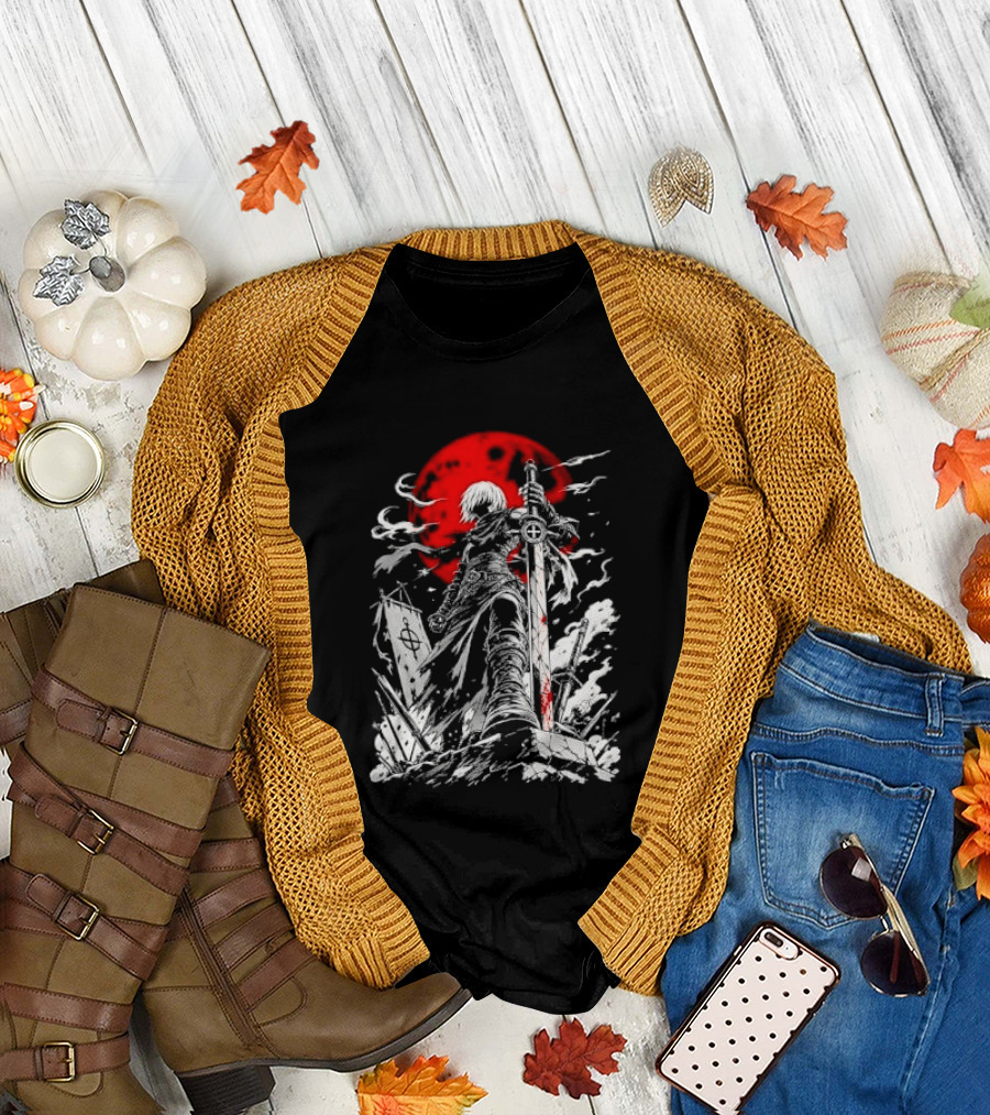 Dark Fantasy Warrior Bloody Sword Red Moon Battlefield Epic Scene T-Shirt