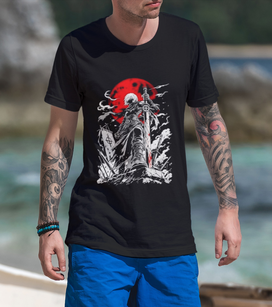 Dark Fantasy Warrior Bloody Sword Red Moon Battlefield Epic Scene T-Shirt