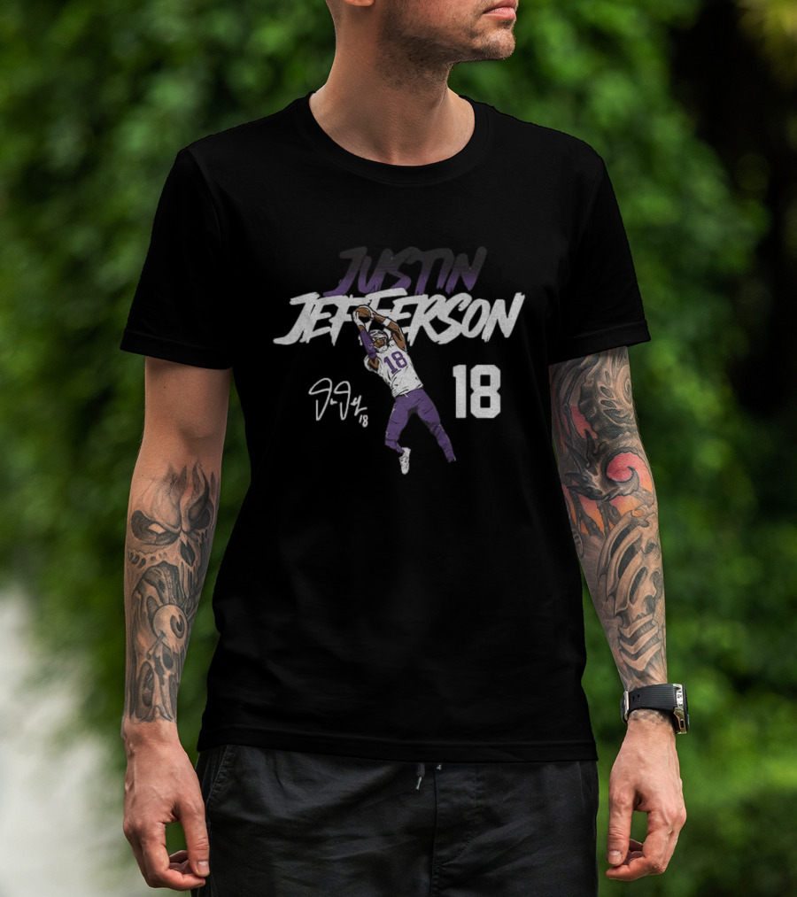 Justin Jefferson 18 Minnesota Vikings Football Star Catch NFL Player Signature T-Shirt