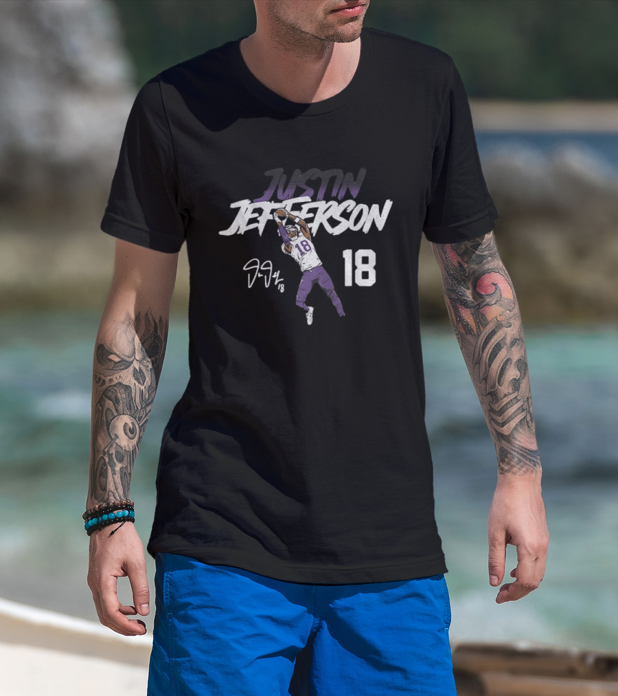 Justin Jefferson 18 Minnesota Vikings Football Star Catch NFL Player Signature T-Shirt