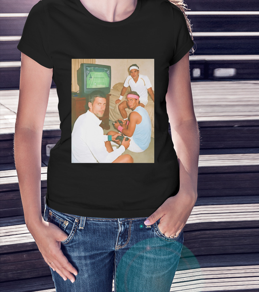 Novak Djokovic Rafael Nadal Roger Federer Playing Tennis Video Game T-Shirt