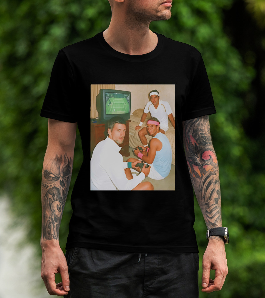 Novak Djokovic Rafael Nadal Roger Federer Playing Tennis Video Game T-Shirt