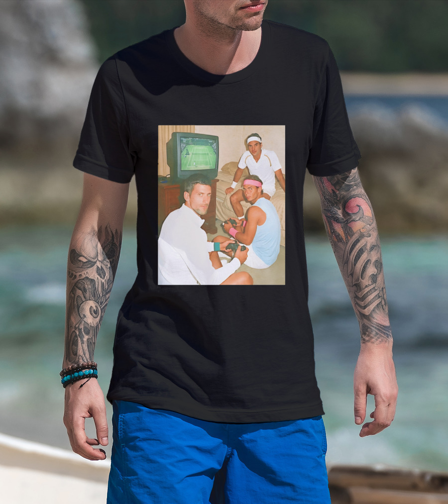 Novak Djokovic Rafael Nadal Roger Federer Playing Tennis Video Game T-Shirt