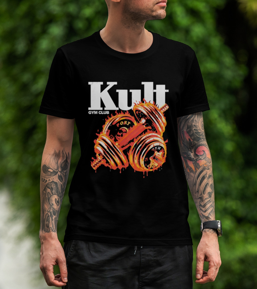 Kult Gym Club Sport Fiery Dumbbells Dripping Lava Distressed T-Shirt