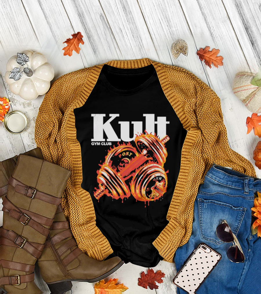 Kult Gym Club Sport Fiery Dumbbells Dripping Lava Distressed T-Shirt