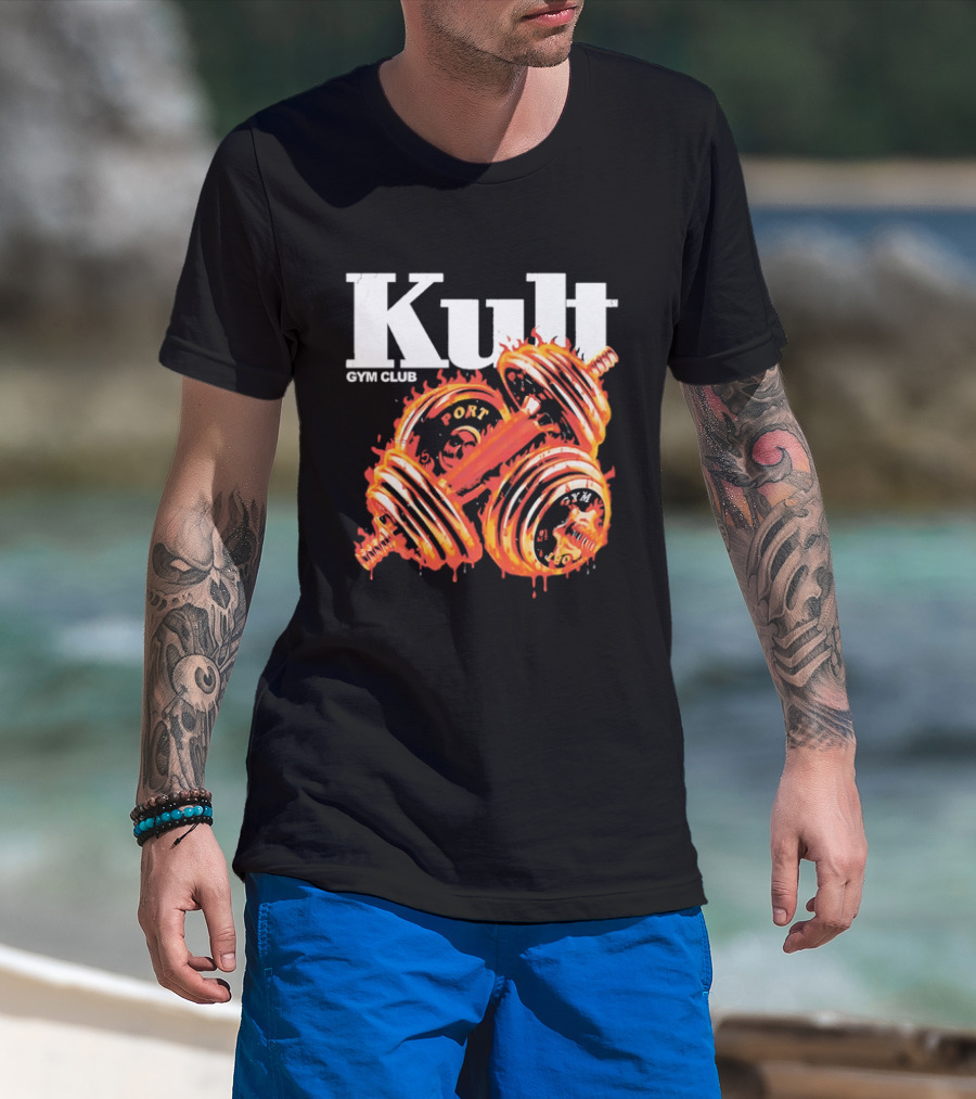Kult Gym Club Sport Fiery Dumbbells Dripping Lava Distressed T-Shirt