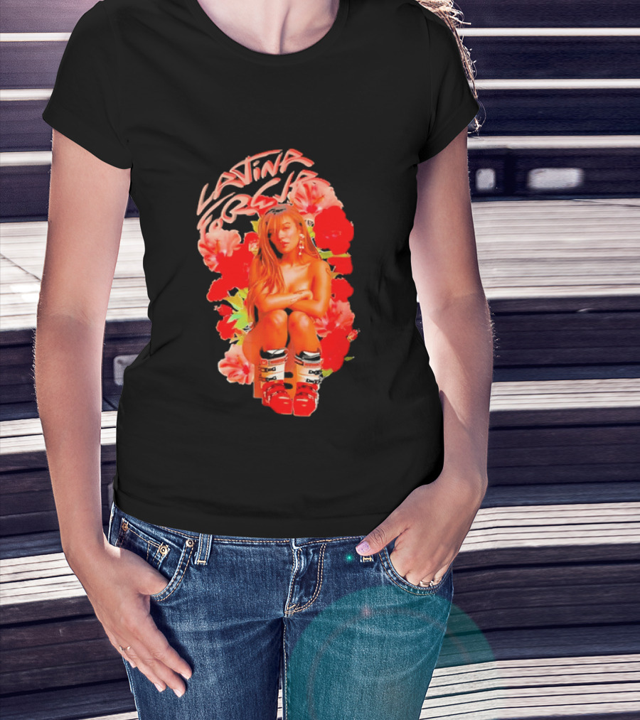 Latina Forever Woman Surrounded By Red Hibiscus With Ski Boots T-Shirt