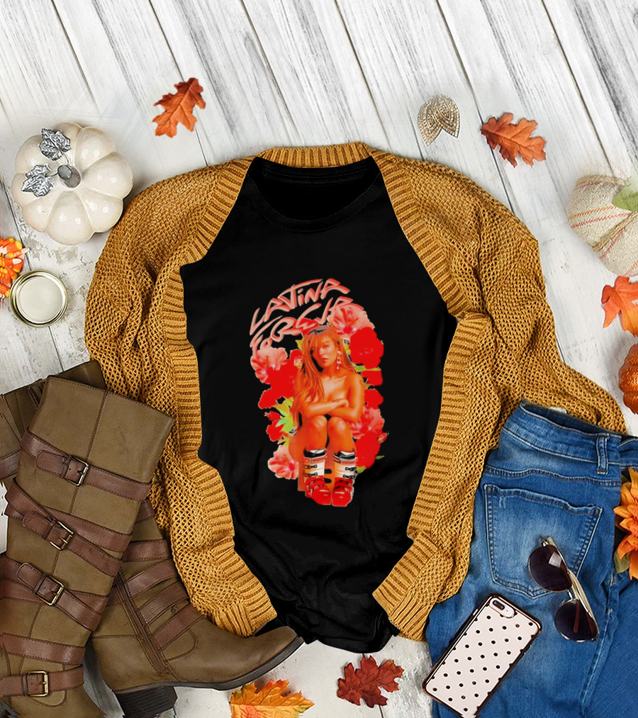 Latina Forever Woman Surrounded by Red Hibiscus with Ski Boots T-Shirt